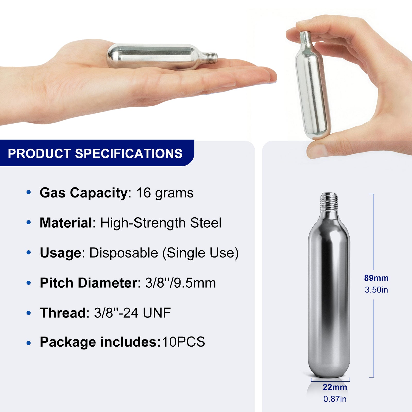 16g Disposable CO2 Cartridges with 3/8'' Threaded Interfaces (10